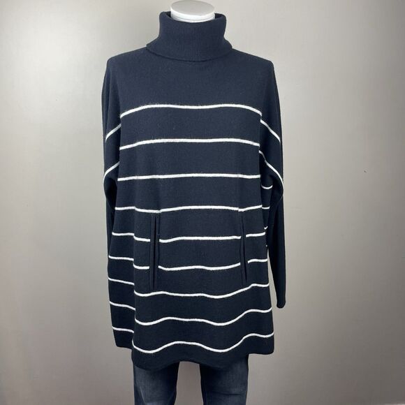 Garnet Hill Oversized Turtleneck Sweater Women M BlackWhite Stripe Wool Cashmere - Picture 1 of 9